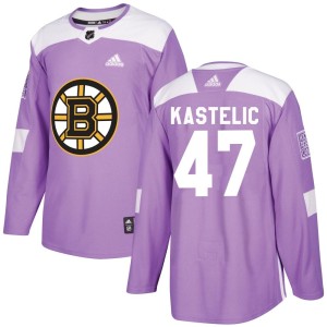 Men's Boston Bruins Mark Kastelic Adidas Authentic Fights Cancer Practice Jersey - Purple