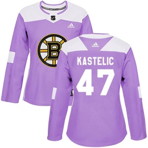 Women's Boston Bruins Mark Kastelic Adidas Authentic Fights Cancer Practice Jersey - Purple