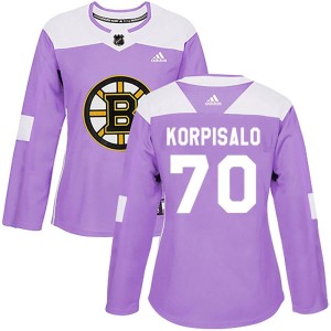 Women's Boston Bruins Joonas Korpisalo Adidas Authentic Fights Cancer Practice Jersey - Purple